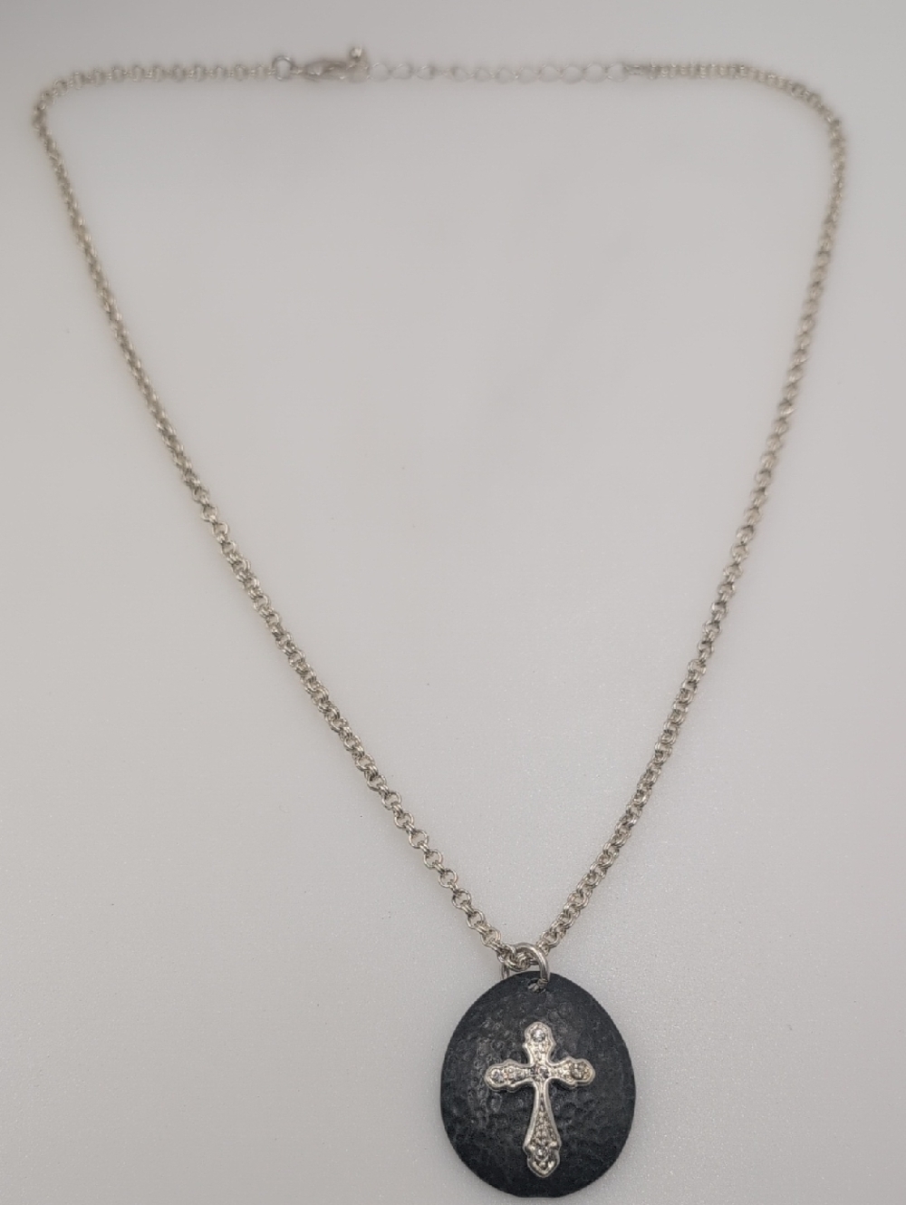 Silver Cross Pendant Necklace - Black Oval Pendant Bb28